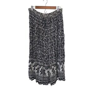 Black and White Elephant Floral Print Boho Maxi Skirt Drawstring Waist